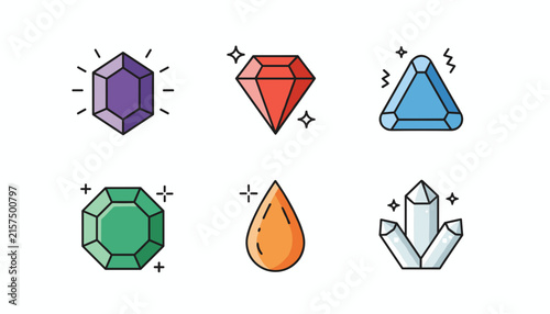 Colorful gemstone vector set with shining diamond, ruby, emerald, amethyst, topaz, and crystal quartz icons on white background.
