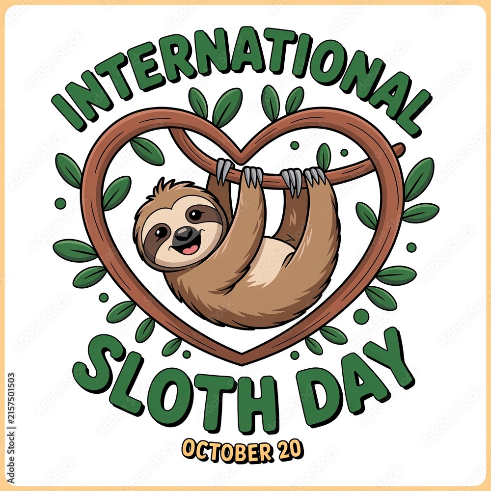 Naklejka premium Sloth hangs happily inside a heart shaped vine for International Sloth Day vector illustration.