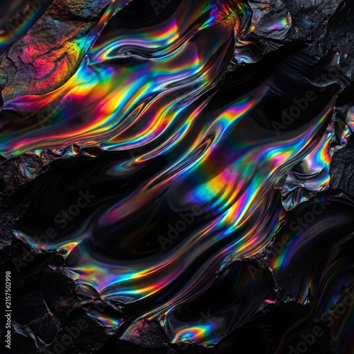Abstract Rainbow Light Waves Crossing Black Stone Texture 