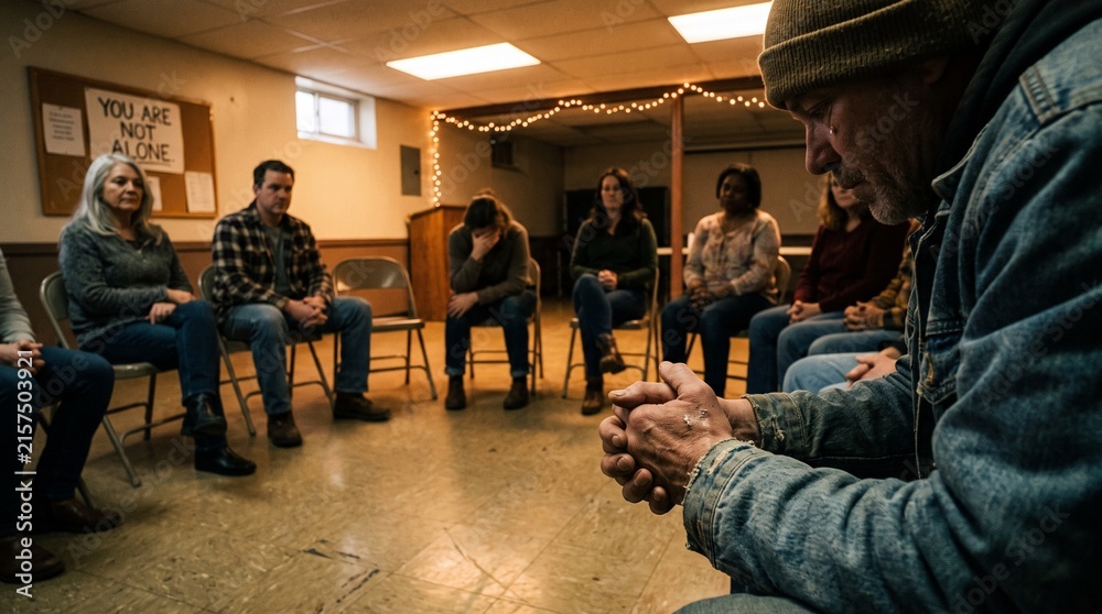 Naklejka premium Support Group Meeting in Circle with People Sharing Experiences.