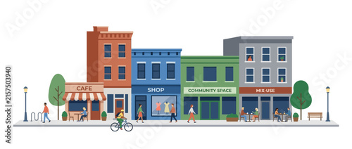 Vibrant City Street Scene with Shops, Cafe and People