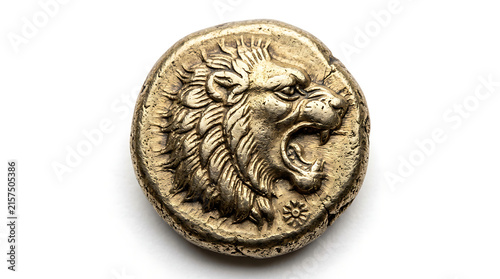 Antique Gold Lion Coin Isolated on a White Background for Numismatic Collectible Studies