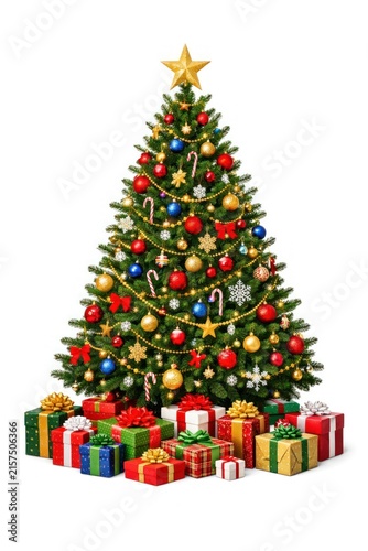 Festive Christmas tree with colorful gifts underneath.