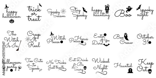 Halloween Hand Lettering Quotes and Typography Set – Spooky Calligraphy Phrases with Cute Halloween Elements.
