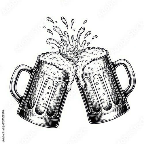 Two mugs clinking beer foam splash celebration isolated on white background