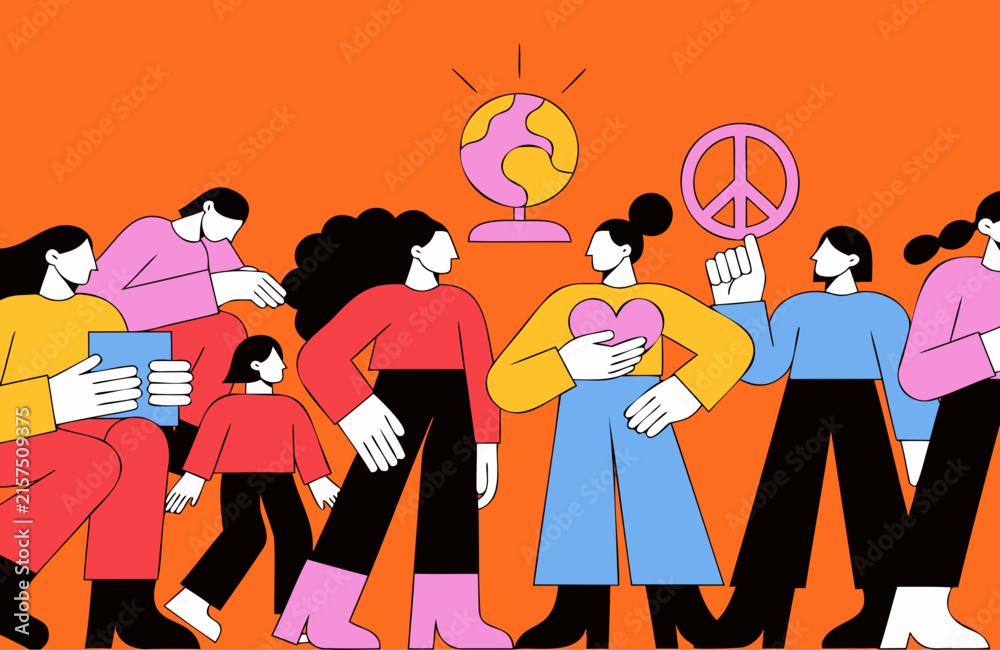 Obraz premium Diverse group of people standing together with a globe and peace sign, representing global unity, community, and harmony on an orange background