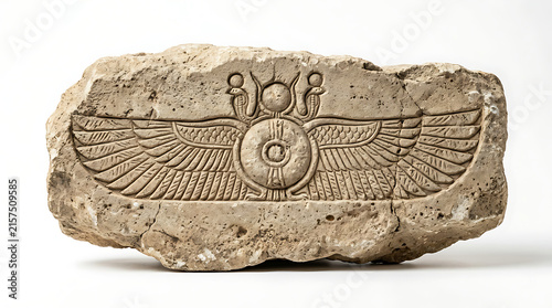 Ancient Stone Carving Featuring a Winged Solar Disc Symbol Isolated on a White Background