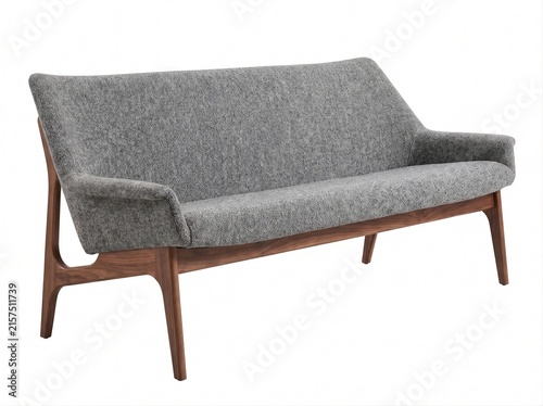 Modern grey fabric sofa couch with wooden legs isolated on white