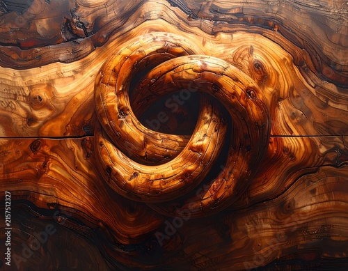 Round wooden knot carving on dark textured timber.