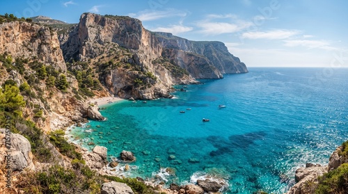 Scenic Mediterranean cove with turquoise water and rocky cliffs on a sunny summer day