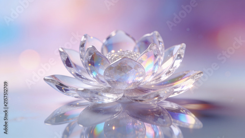 Close up of sparkling crystal lotus flower on reflective surface with bokeh background, sparkling