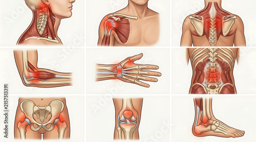 Anatomical chart showing joint pain, inflammation, and musculoskeletal issues