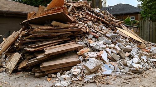 Fotografie Large pile of construction debris and demolition waste in a residential yard
