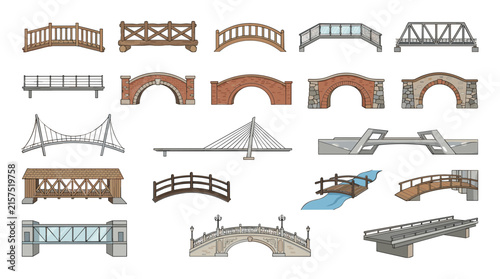 Bridge Line Vector Icon Set Featuring Architectural Structures Like Wooden Footbridges Stone Arches Cable Stayed Crossings Suspended Walkways and Modern Concrete Overpasses