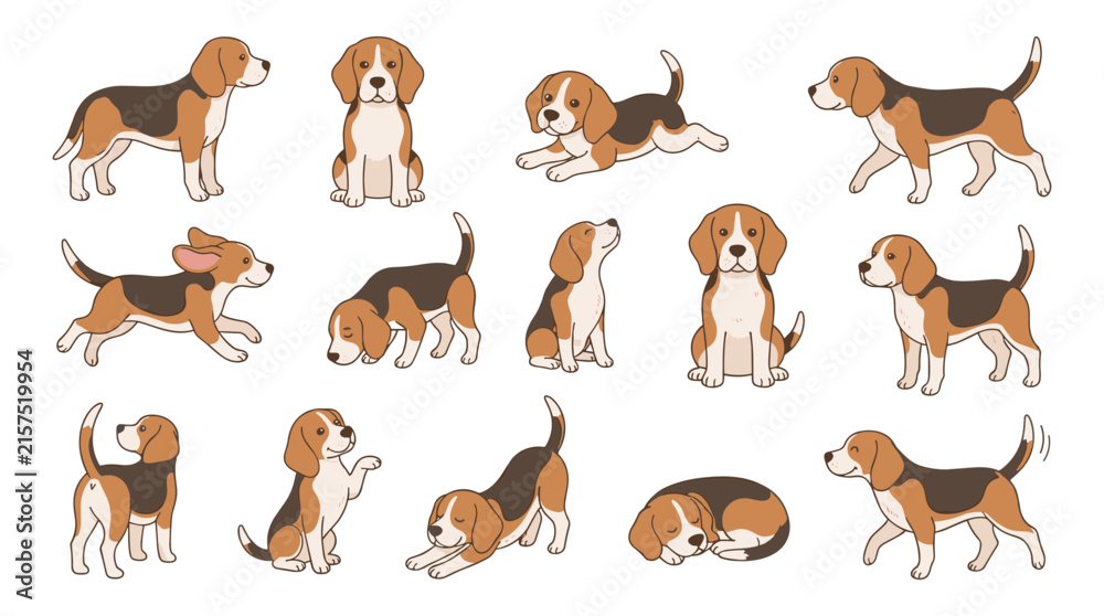 Obraz premium Cute Beagle Puppy Character Set in Various Poses and Actions for Pet Care Illustrations, Children Books, Patterns, and Animal Graphic Designs