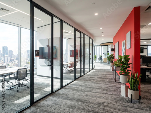 Modern Open Office Space with Glass Meeting Rooms