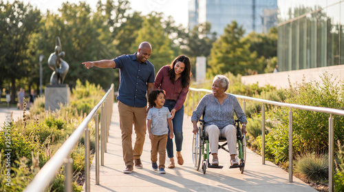 Happy multigenerational family with senior woman in wheelchair enjoying accessible travel and sightseeing together in a sunny city park
