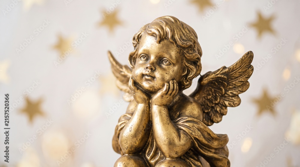 Fototapeta premium Golden cherub statue with dreamy expression and starry background