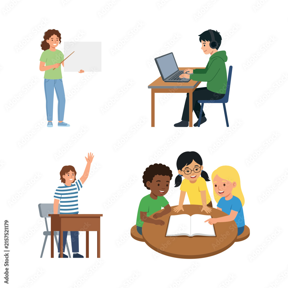 Fototapeta premium Set of vector illustrations featuring children engaged in various classroom and school learning activities