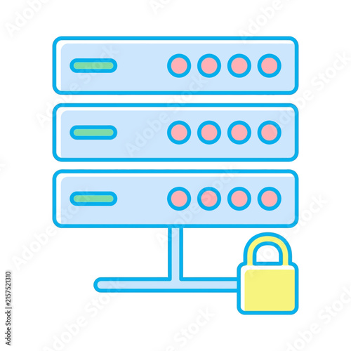 Flat line server rack icon with padlock, blue outline cybersecurity vector symbol for data center, network security, hosting, cloud storage UI