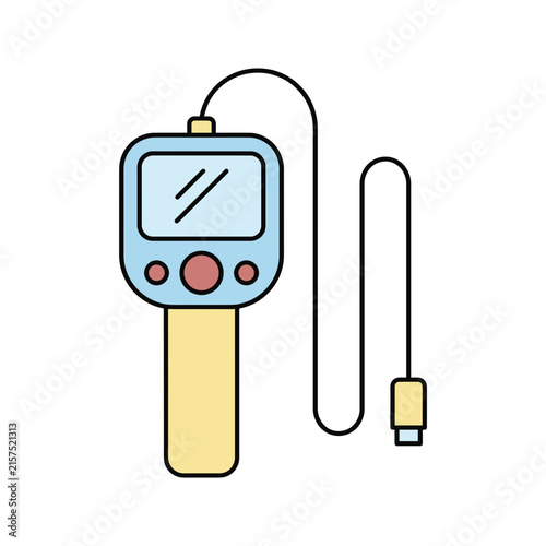 Minimal flat vector electrical test probe icon, handheld digital meter tool with cable. Blue and yellow outline illustration for wiring diagnostics