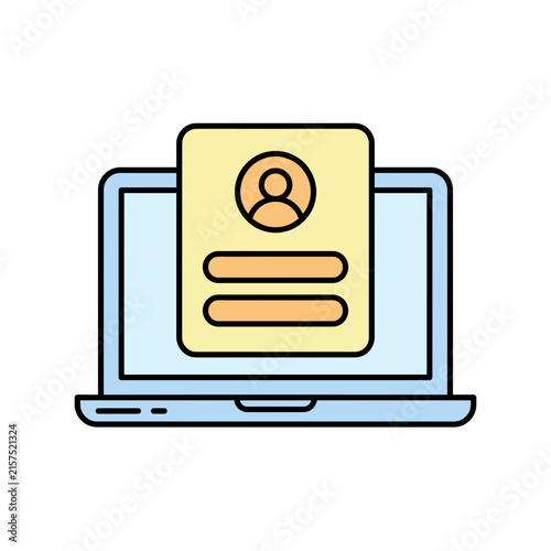Minimal line icon of online user profile card on laptop, flat vector illustration with blue and yellow colors for UI, web and app design