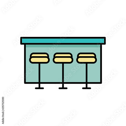 Flat vector bar counter icon with three stools, minimal outline restaurant interior symbol in teal and yellow, UI signage for food service