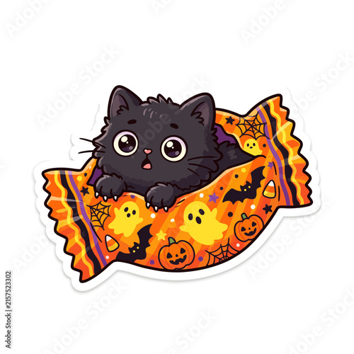 Foto Cute black cat in Halloween candy wrapper vector, spooky kitten sticker graphic,