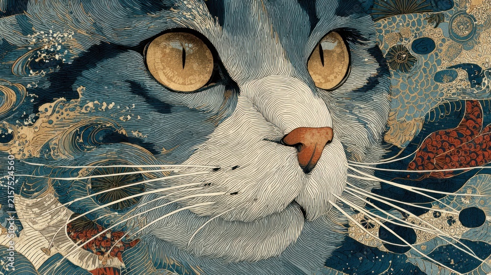 Fototapeta premium Artistic cat wallpaper with intricate patterns.