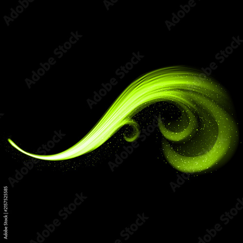 Dynamic green light streak swirling against a dark black background creating an abstract design