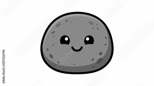 Kawaii pet rock character, cute smiling stone vector illustration, friendly gray pebble mascot with happy face isolated on White Background