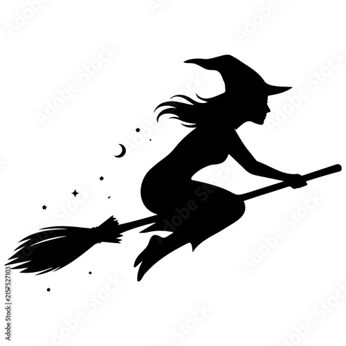 Flying witch on broomstick black silhouette with moon and star accents for holiday art.