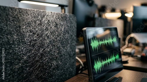 Professional audio waveform display on a screen in a recording studio with acoustic panels