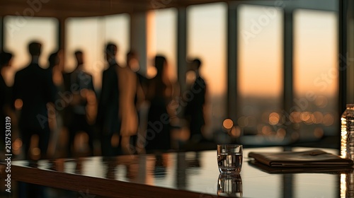 Silhouetted figures at a high-rise gathering, with a glass and notebook on a table