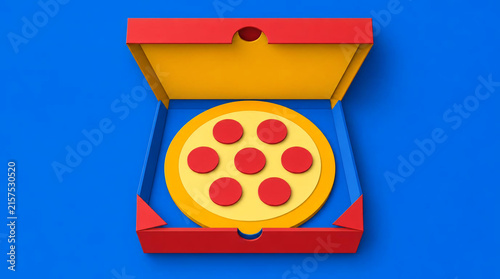Open cardboard pizza box with stylized flat design pizza