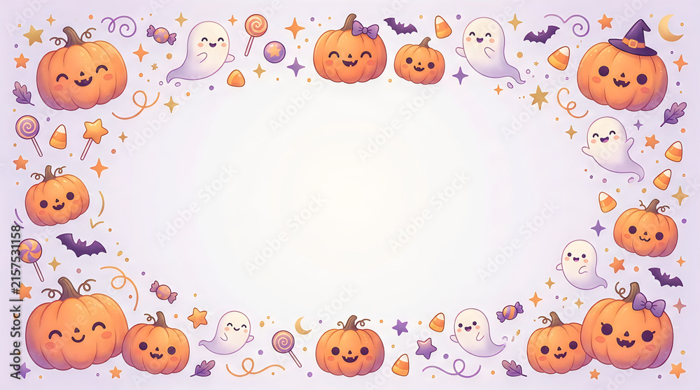Fototapeta premium Happy cartoon pumpkins with halloween accessories and cute faces on transparent background