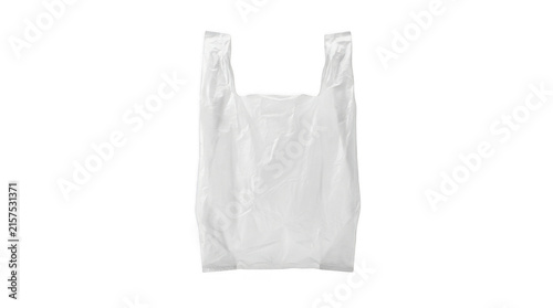 Empty white plastic shopping bag with handle isolated on transparent background