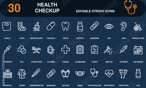 Health checkup icons set, cast, pill capsule, dropper, medical stretcher, IV plasma bag, reflex hammer, doctor gown, face mask, Web icon, App icon, Outline icon, Editable stroke, Vector EPS