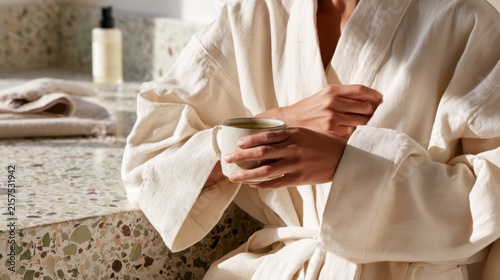A person in a white robe holding a cup of tea near a terrazzo countertop