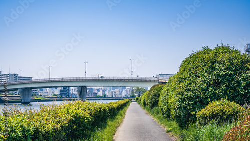 Фотография 青空と川沿いの遊歩道と近代的な橋の景観