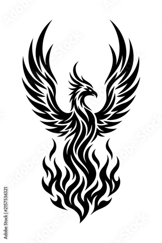 Majestic Phoenix Rising from Flames Black and White Vector Silhouette Illustration
