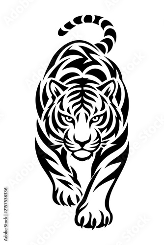 Detailed Black Tiger Silhouette Vector Illustration with Curved Tail