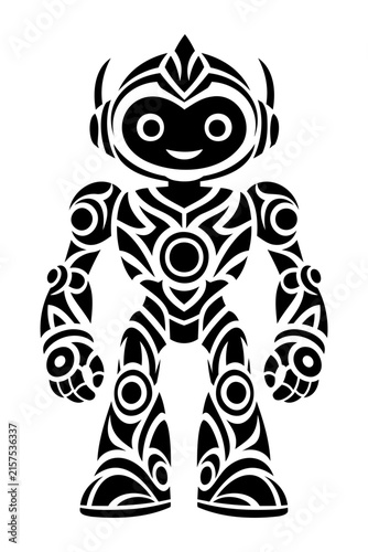 Futuristic Tribal Robot Character Black and White Vector Silhouette Illustration