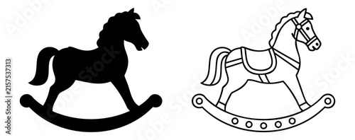 Rocking Horse Set in Solid Silhouette and Line Art Styles. Classic Children's Toy Vector Illustratio