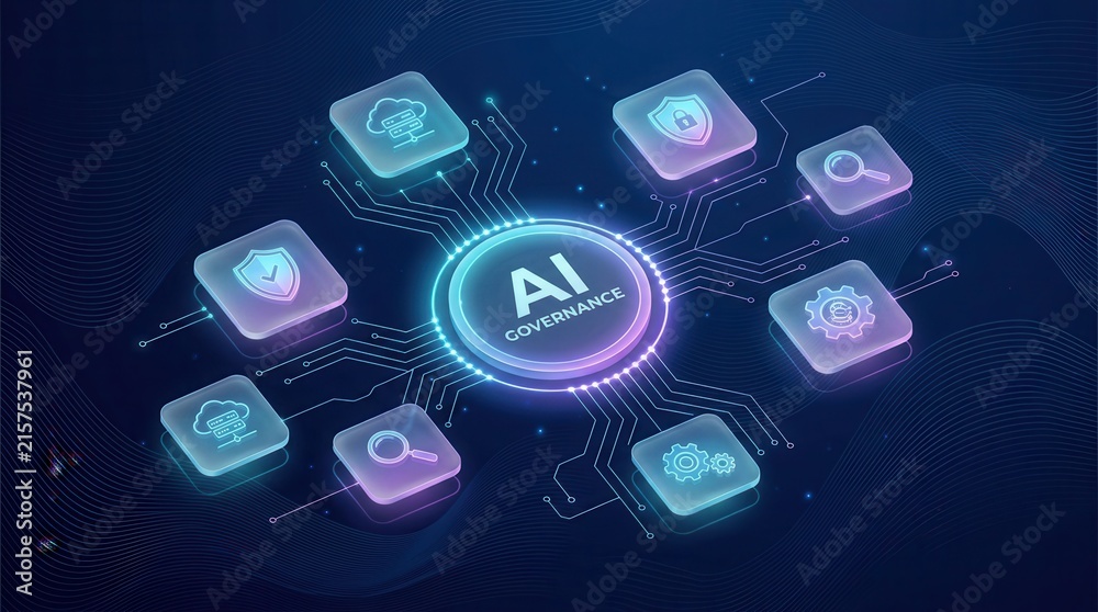 Naklejka premium AI governance framework visualizing ethical compliance and data security on a digital interface.