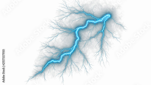 Blue Electric Lightning Bolt with Branches Isolated on Transparent Background, Glowing Thunderbolt Effect