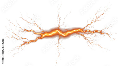 Orange Lightning Bolt Horizontal Electric Strike Isolated on Transparent Background, Glowing Fire Thunder Effect