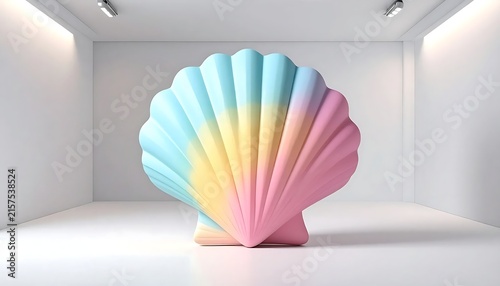 Pastel Gradient Seashell Sculpture in Minimalist White Gallery.