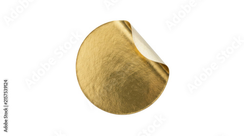 Round gold sticker with a peeling corner isolated on transparent background