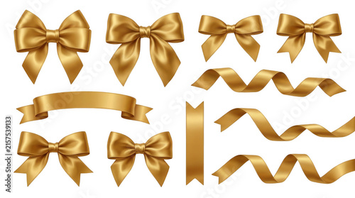 Картината върху платно Set of golden silk bows and ribbons for gift decoration isolated on transparent
